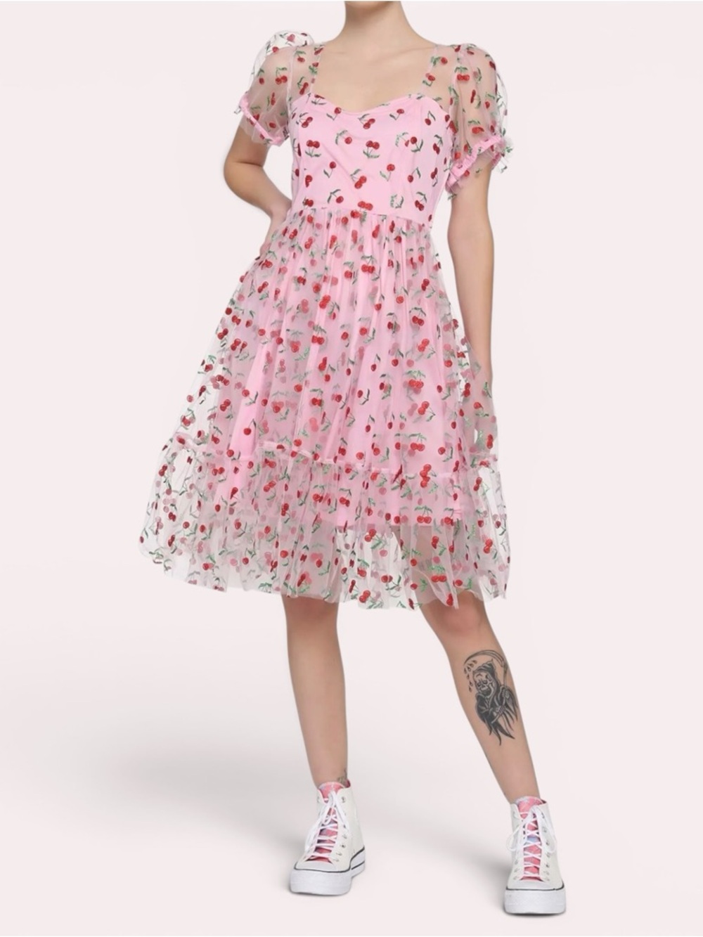Hot Topic Pink Glitter Cherry Print Tiered Mesh Dress, Size L, MSRP $45